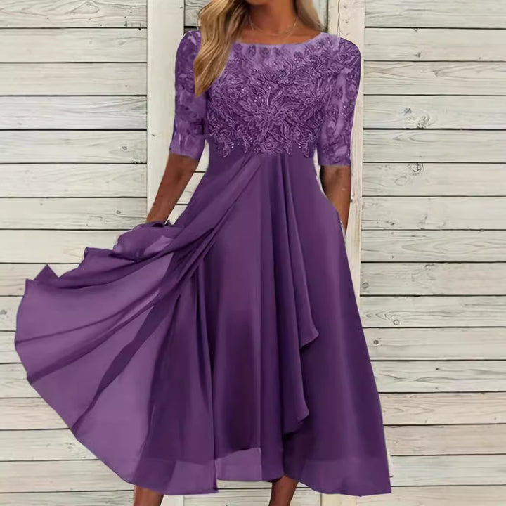 Ladies' elegant cocktail dress with embroidered corset, boat neckline and flowing chiffon skirt Mune Fashion
