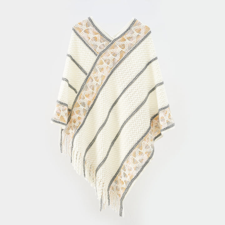 Women Oversized Knit Cape with Textured Waffle Knit Look and Cable Border Mune Fashion