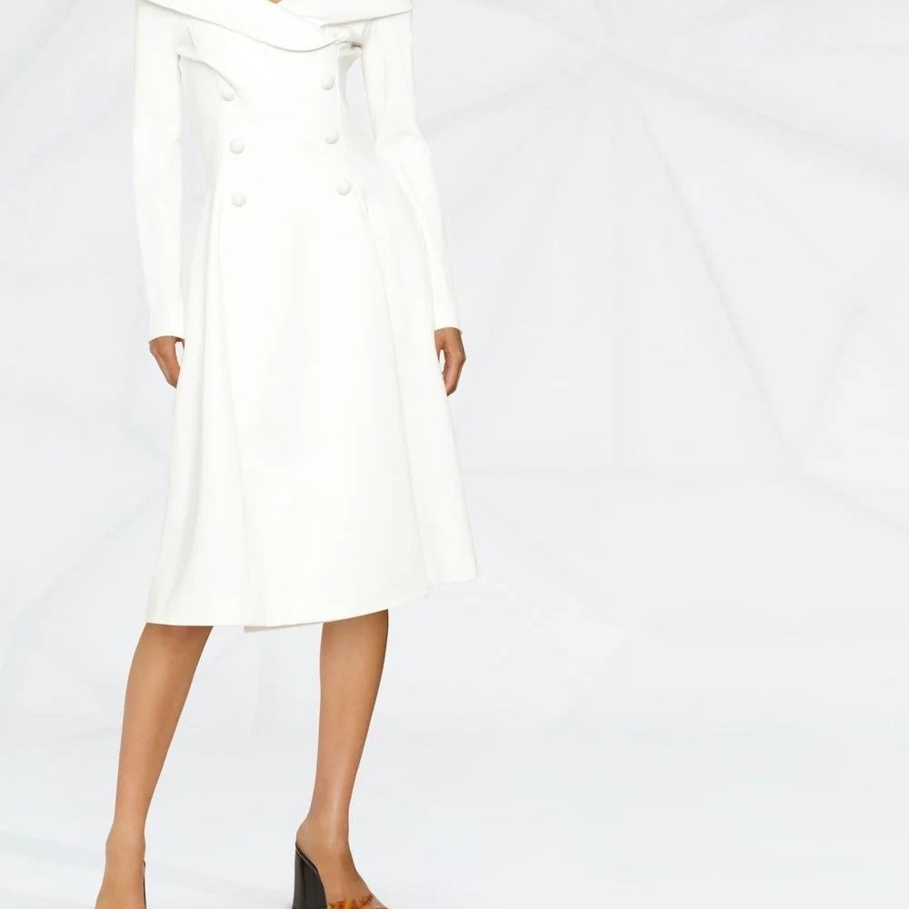 Women's maxi dress in coat look with off-the-shoulder collar and double row Mune Fashion