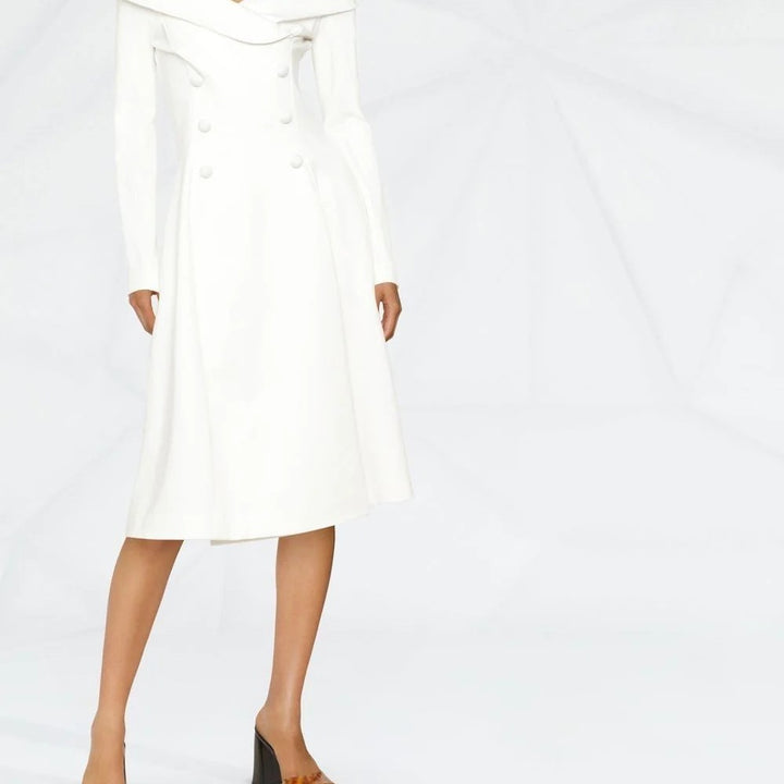 Women's maxi dress in coat look with off-the-shoulder collar and double row Mune Fashion