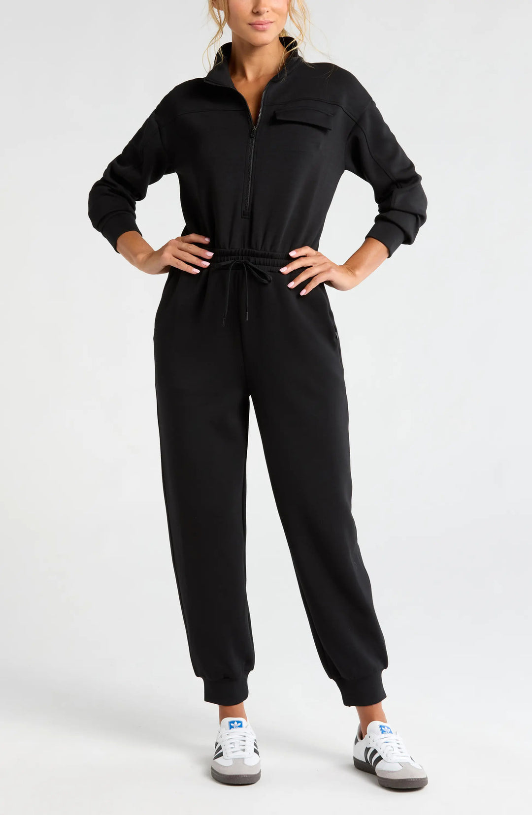 Ladies Fashionable Jumpsuit with Stand Collar and Drawstring