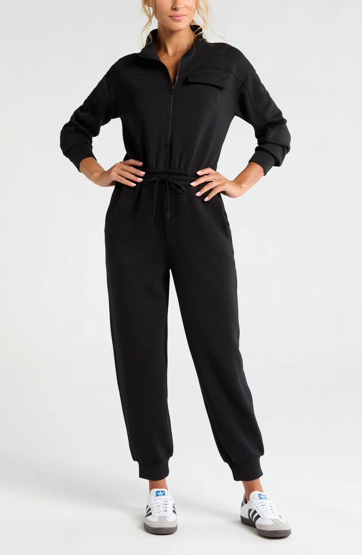 Ladies Fashionable Jumpsuit with Stand Collar and Drawstring
