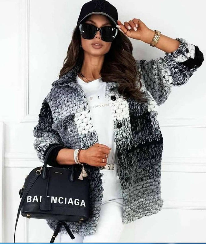 Women Crocheted Oversized Cardigan with Gradient, Button Placket and Patch Pockets Mune Fashion