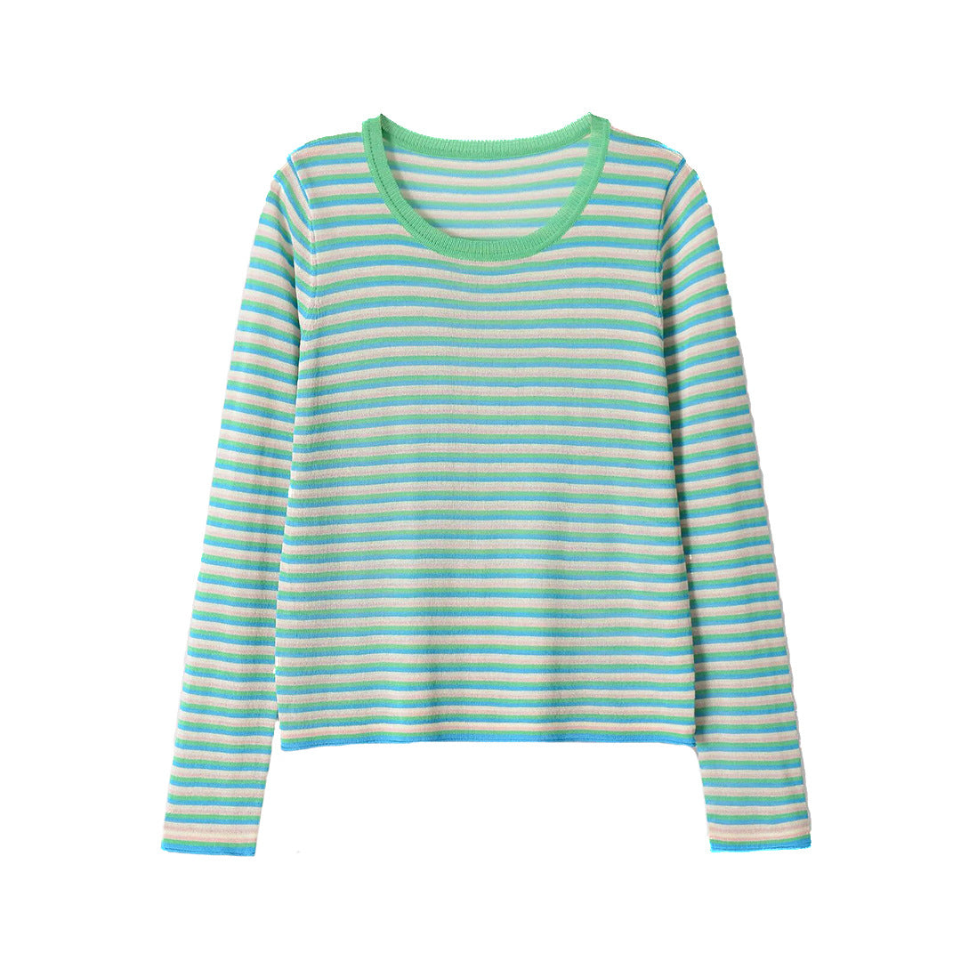 Women Striped Fine Knit Long Sleeve Shirt with Round Neckline and Figure Flattering Silhouette Mune Fashion