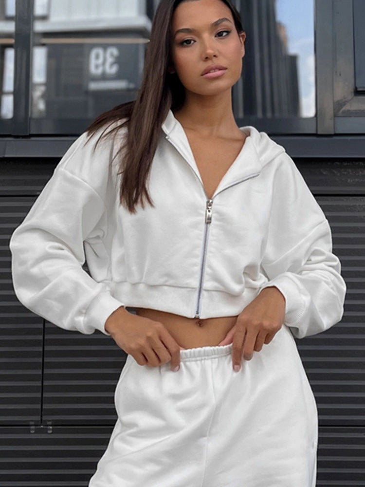 Women's Cropped-Zipper-Hoodie with waist-high fringe shorts lounge set Mune Fashion