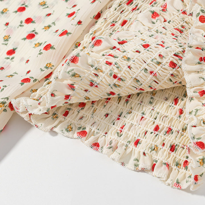 Women Smocked Cropped Top with Puff Sleeves and Floral Print Mune Fashion