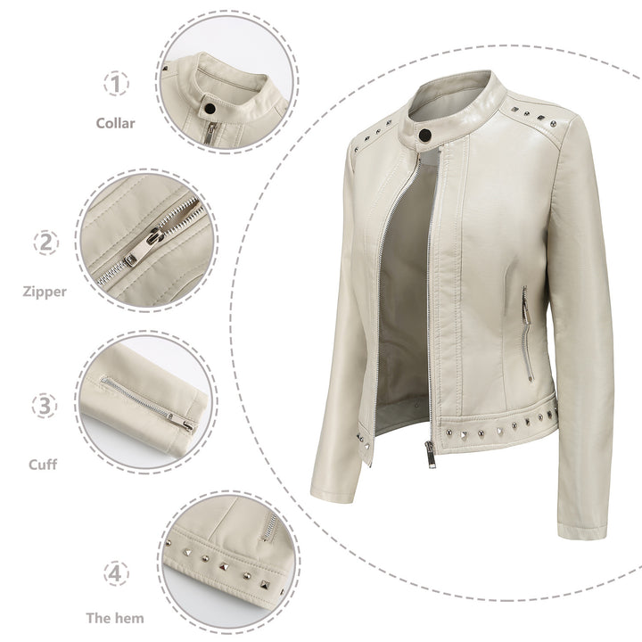 Women's cropped tailored faux leather jacket with stand-up collar two-way zipper and decorative stud hem Mune Fashion