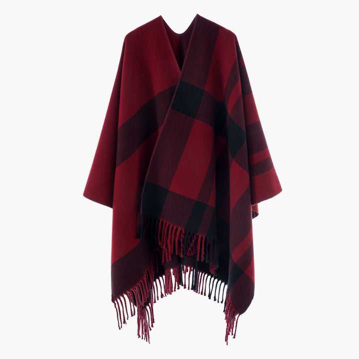 Women's Oversized Cape with Glencheck Pattern and Fringe Trim Mune Fashion