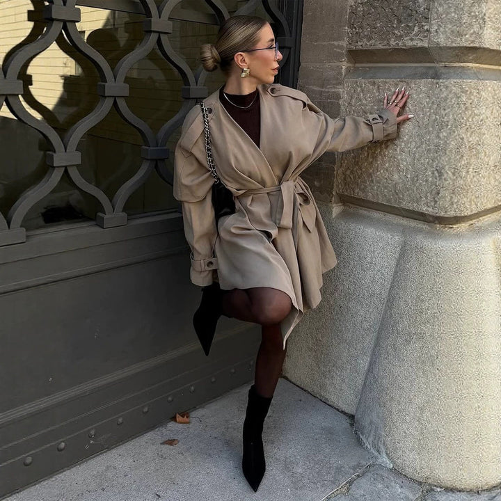 Women's Short Asymmetrical Wrap Coat with Ruffle Overlay and Tie Belt Mune Fashion