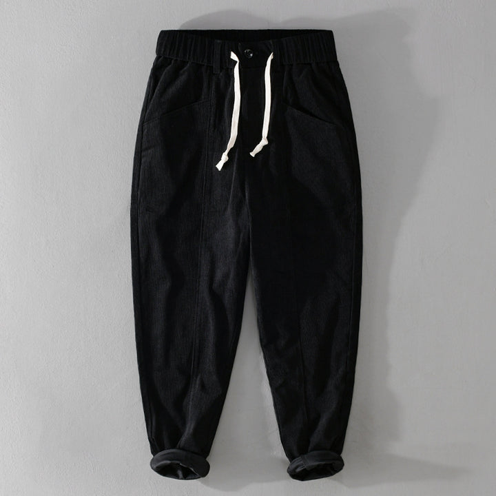 Men's Relaxed Cord Pants with Elastic Drawstring Waistband, Drawstring and Tapered Leg Mune Fashion