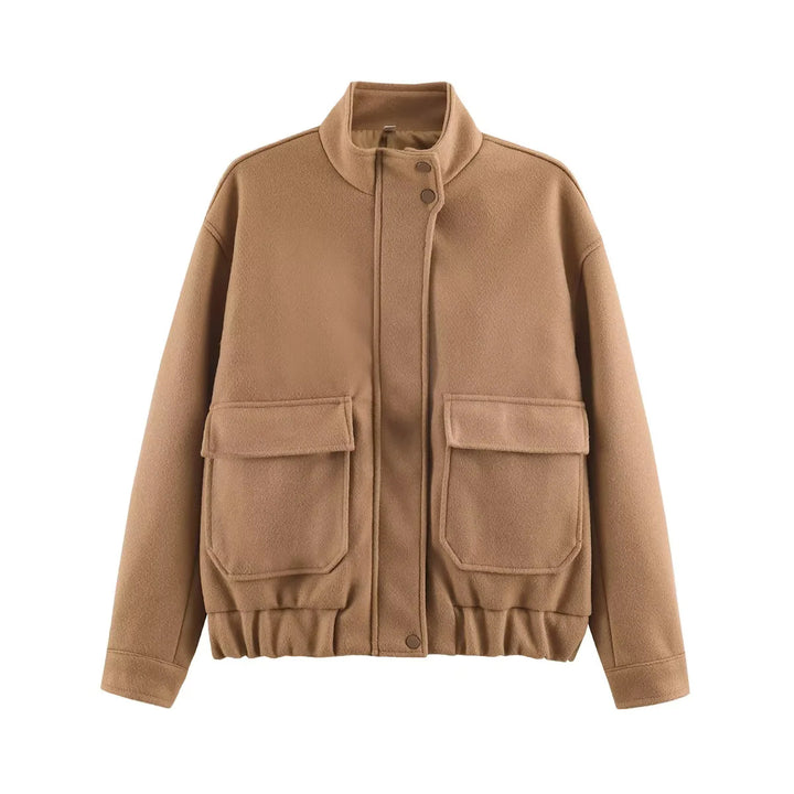 Women's short-cut boxy wool blouson with stand-up collar, elastic waistband, and large patch flap pockets Mune Fashion