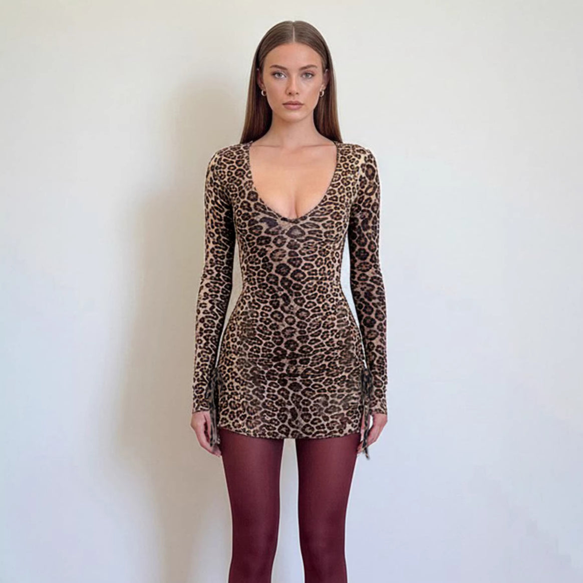 Women's Fitted Leopard Print Mini Dress with Deep V-Neck, Long Sleeves and Drawstrings Mune Fashion