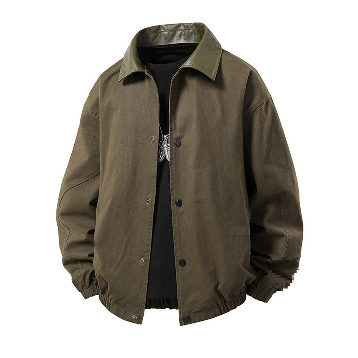 Men's Boxy Coach Jacket in minimalist layering style with contrasting faux leather collar, snap button closure & elastic hem Mune Fashion