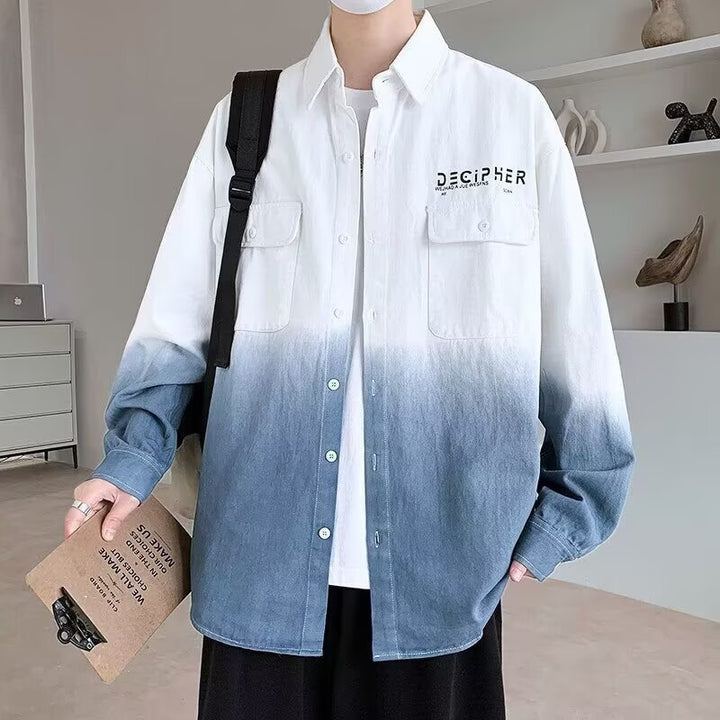 Men's Oversize Dip Dye Cotton Shirt with Chest Pockets and Gradient Coloring Mune Fashion