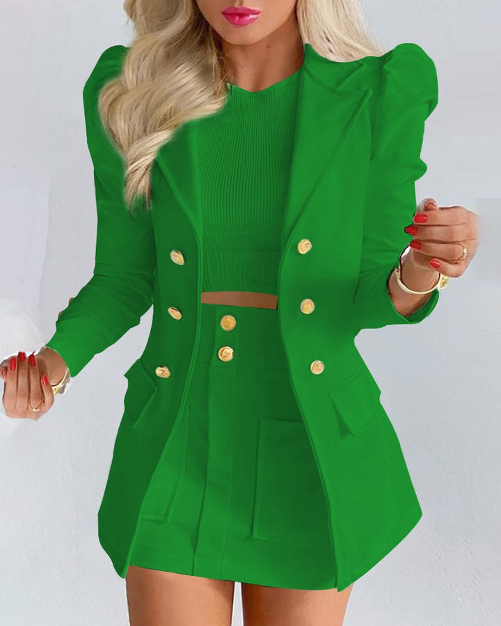 Women Two-piece checked blazer and mini skirt set with accentuated puff sleeves and gold buttons Mune Fashion