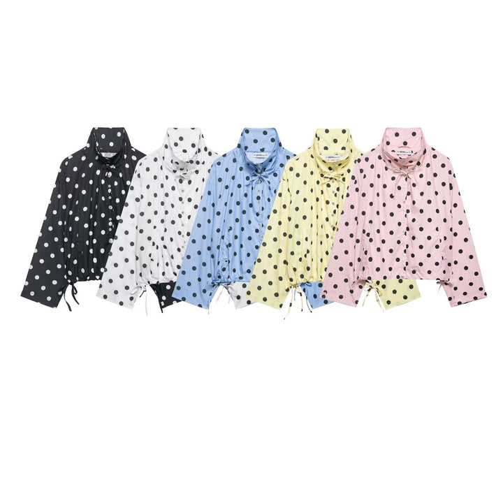 Women Lightweight Oversized Polka Dot Windbreaker with Stand-up Collar, Button Placket and Drawstring Mune Fashion