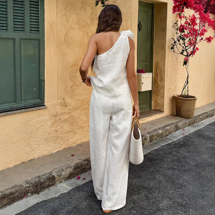 Women One-Shoulder Linen Jumpsuit with Decorative Rosette and Wide Leg Mune Fashion