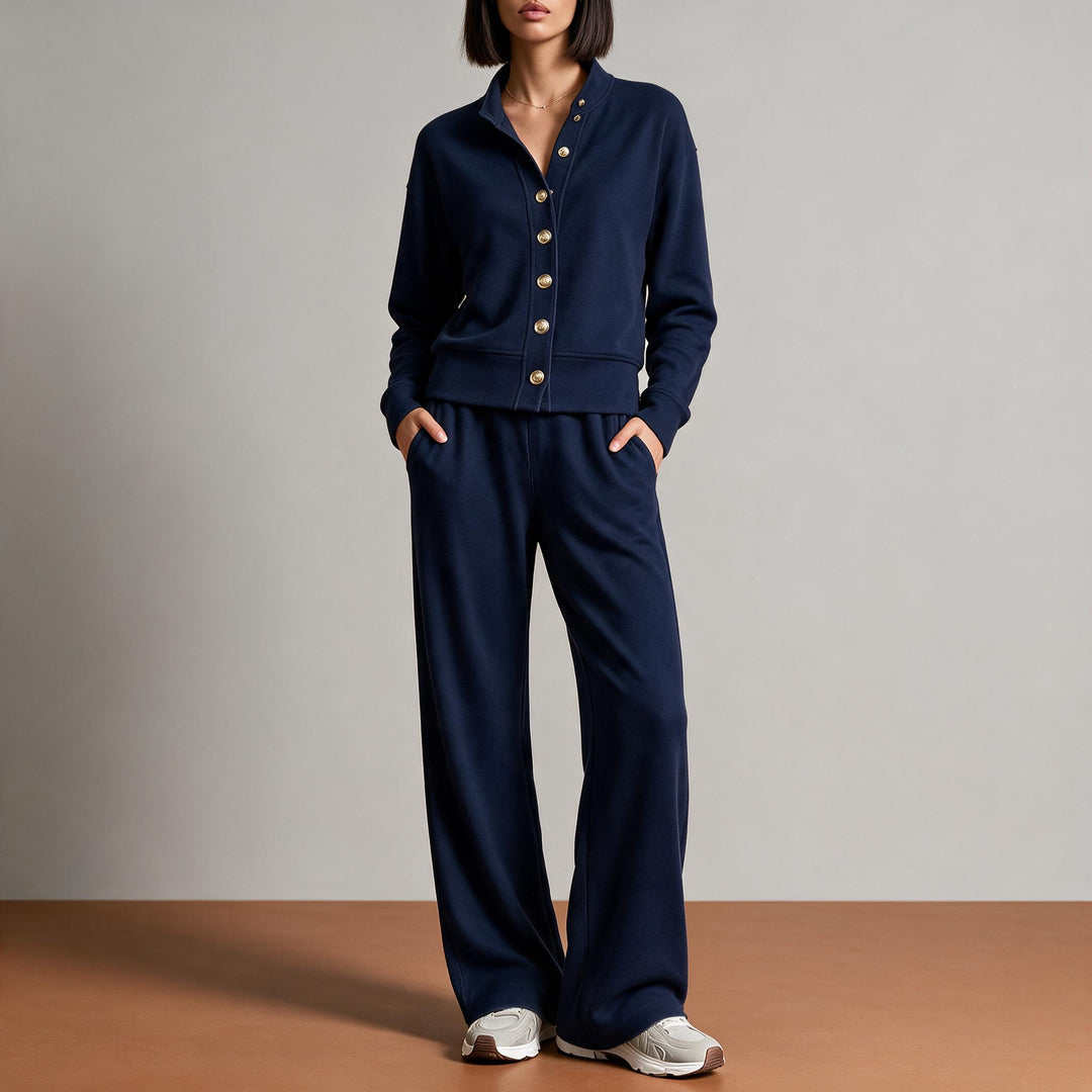 Women's sweat jacket with snap button placket, standing collar, and soft lounge cut Mune Fashion