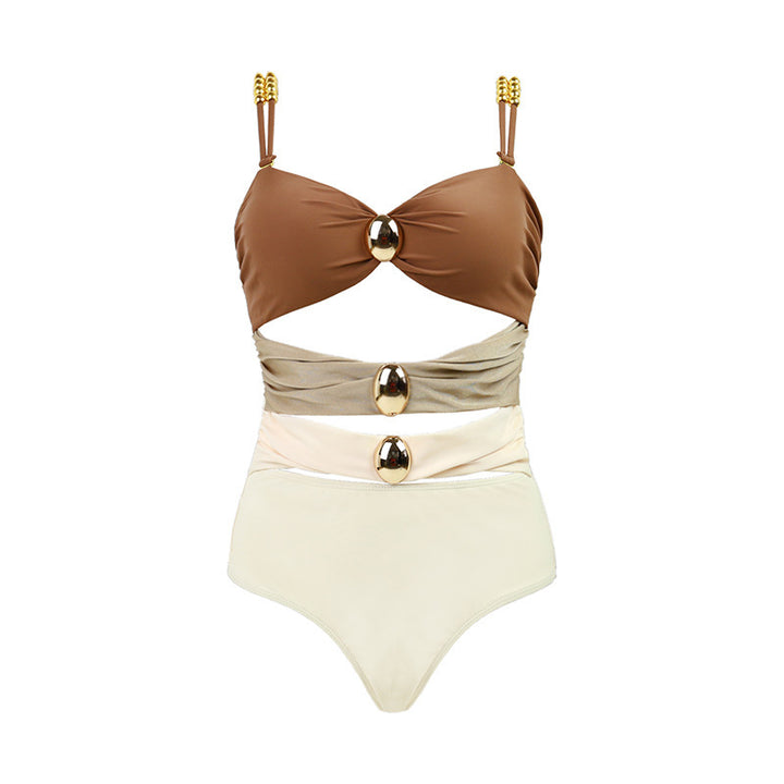Ladies one-piece swimsuit with stylish wrap design and golden accents Mune Fashion
