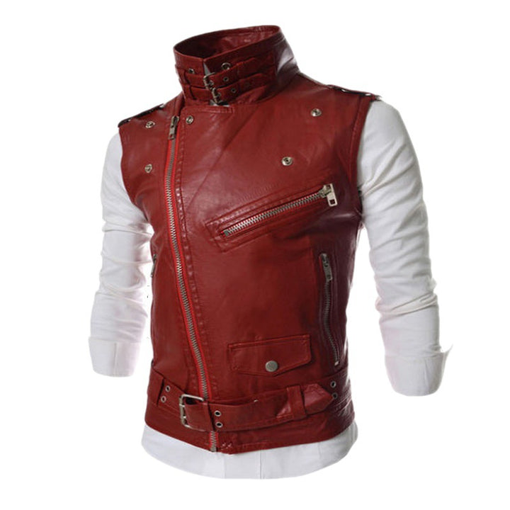 Men's sleeveless biker vest with asymmetric zipper, decorative belts and metal accents Mune Fashion