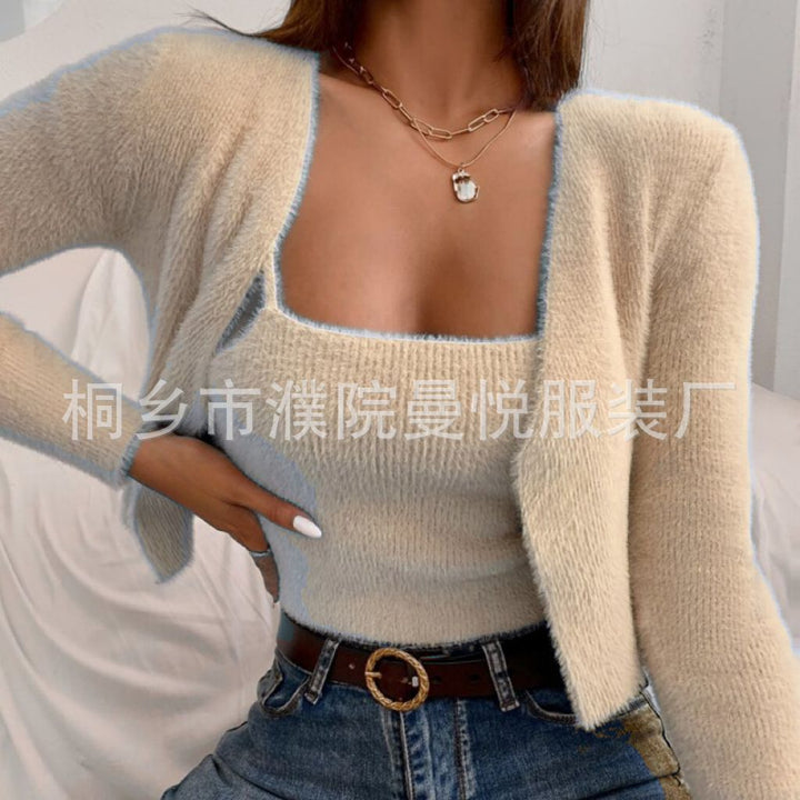 Women's Two-Piece Cropped Spaghetti Strap Top with Short Cardigan made of Soft Fine Knit Mune Fashion