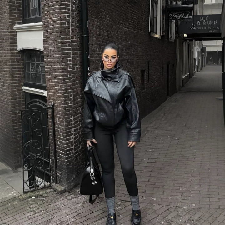 Women's cropped leather blouson with high stand collar, boxy silhouette, and voluminous sleeves Mune Fashion