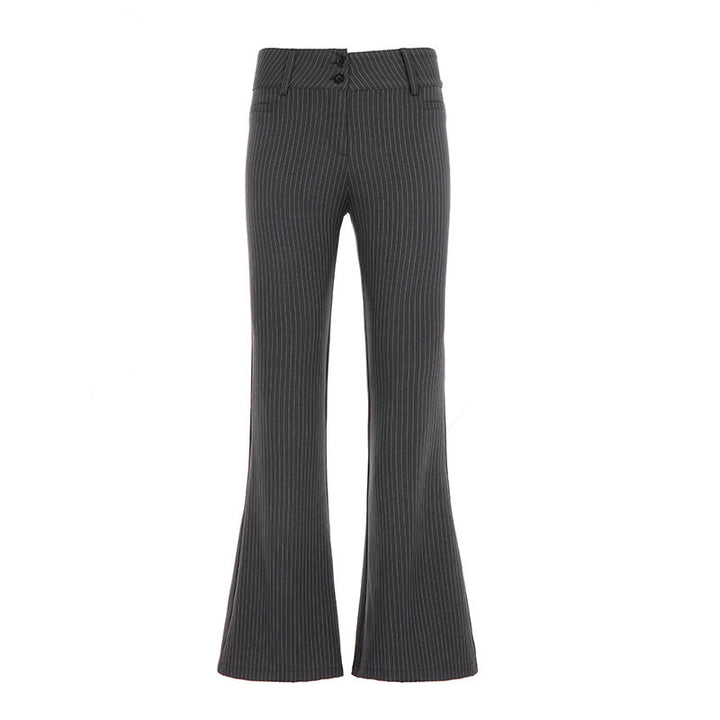 Women High-Waisted Stretch Flared Trousers with Pinstripes and Double Button Mune Fashion