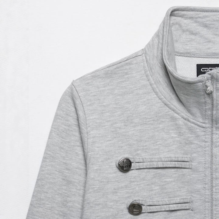 Women's Cropped Sweat Jacket with Stand Collar and Decorative Button Placket Mune Fashion