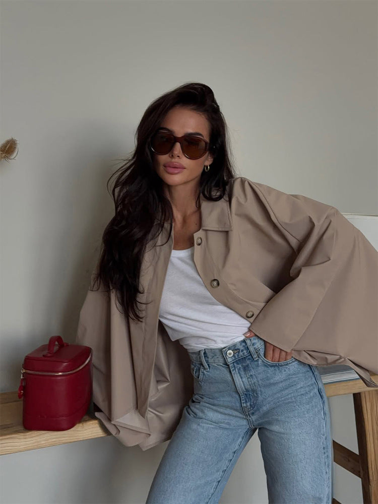 Women's Oversized Cropped Jacket with Voluminous Bat Sleeves and Shirt Collar Mune Fashion