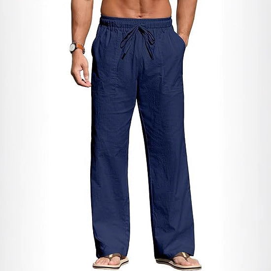 Men's lightweight linen pants with elastic waistband, drawstring, and patch pockets Mune Fashion