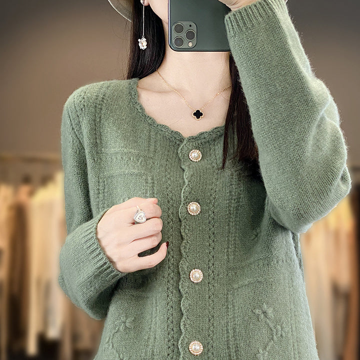 Ladies Embellished Knit Cardigan with Pearl Buttons and Openwork Embroidery Mune Fashion