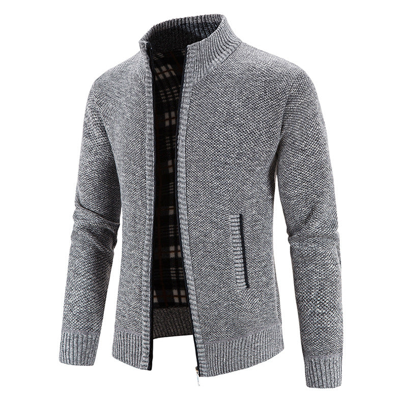 Men's knitted cardigan with full zip, stand-up collar and checkered lining Mune Fashion