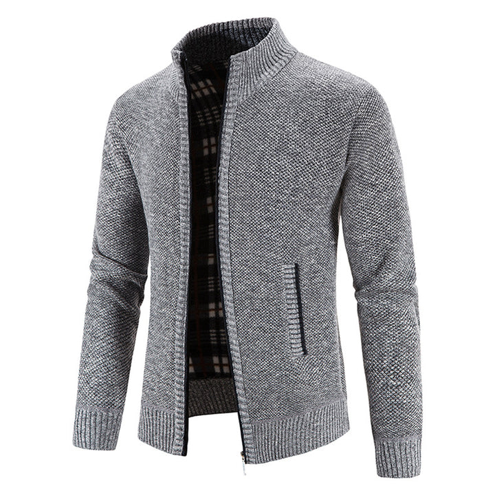 Men's knitted cardigan with full zip, stand-up collar and checkered lining Mune Fashion