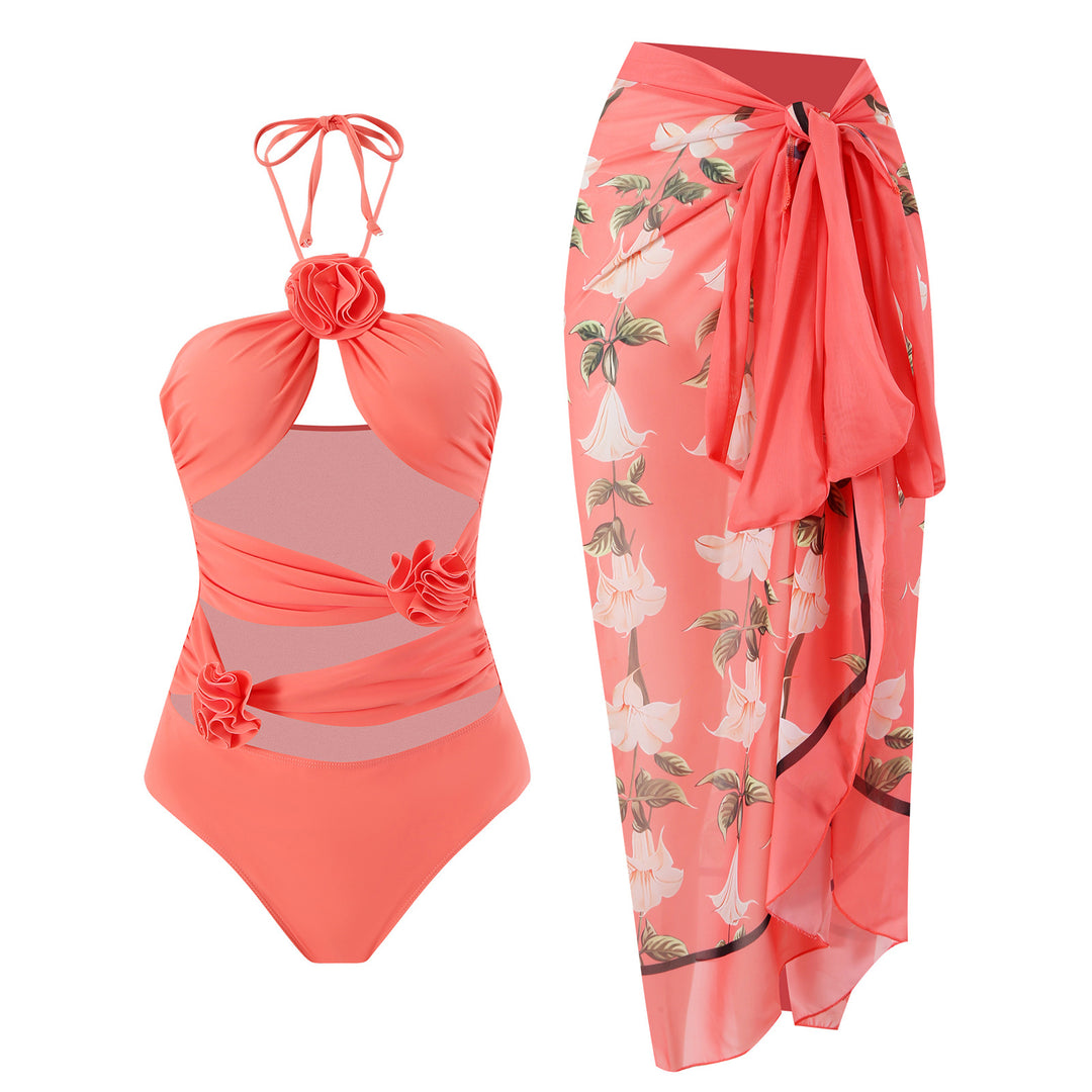 Ladies' one-piece swimsuit with floral details and transparent insert Mune Fashion