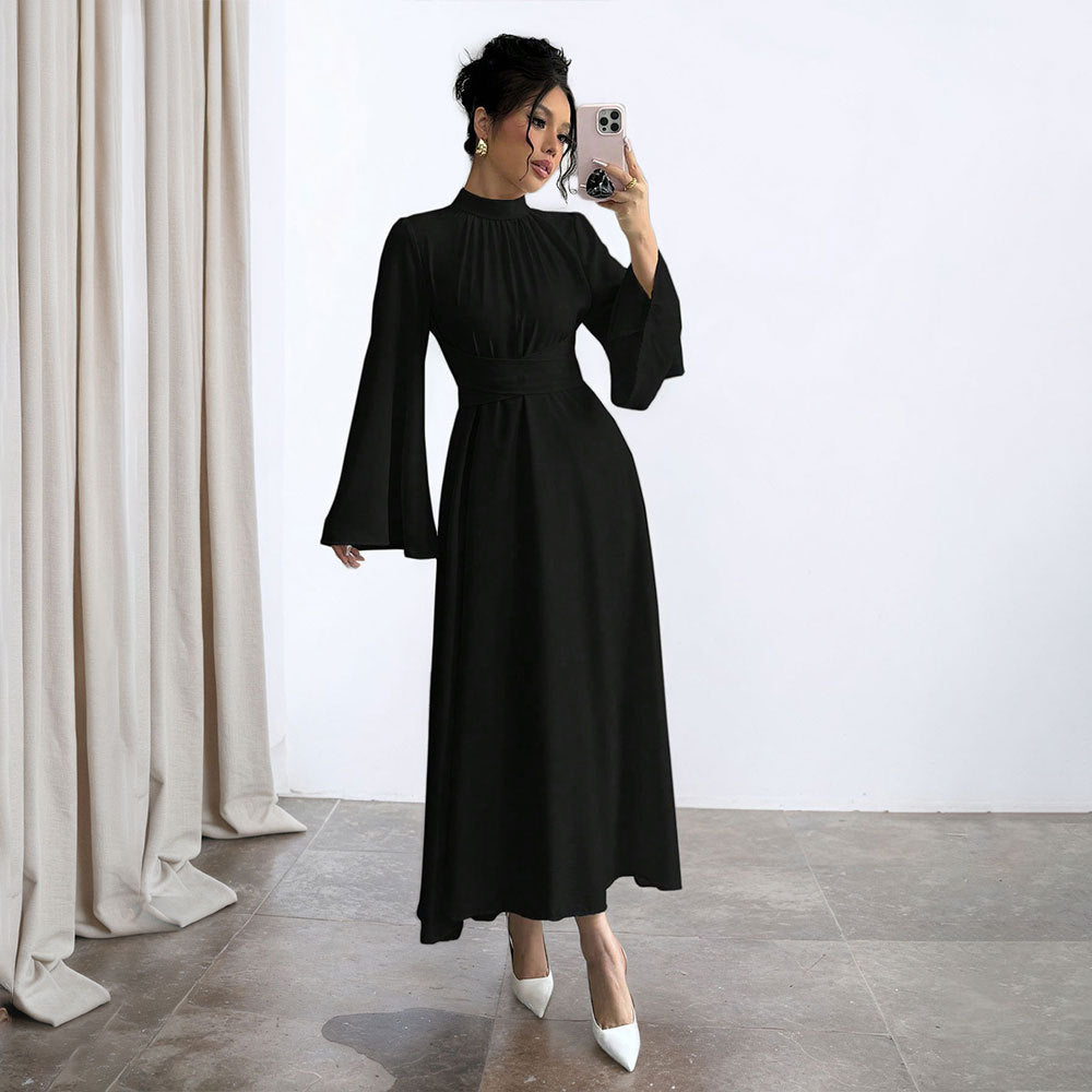 Ladies' elegant maxi dress with stand-up collar, gathered waistline and flared A-line skirt Mune Fashion