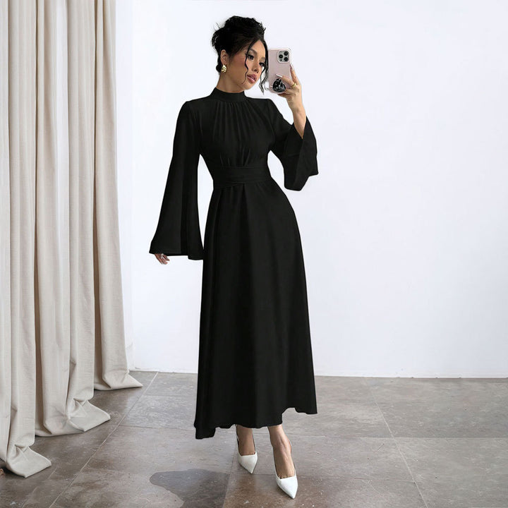 Ladies' elegant maxi dress with stand-up collar, gathered waistline and flared A-line skirt Mune Fashion