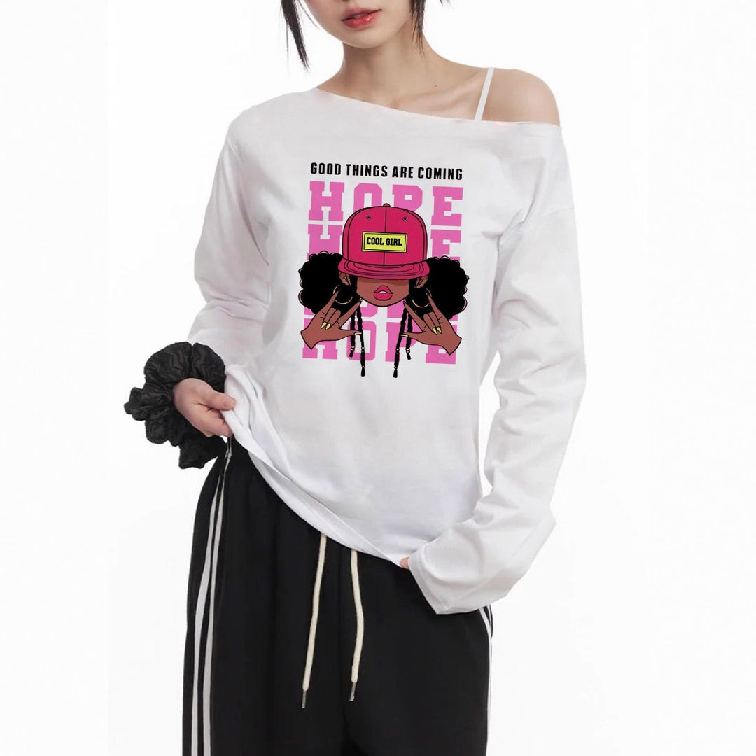 Women's casual off-shoulder long sleeve shirt with large cartoon graphic print and elastic cotton blend Mune Fashion
