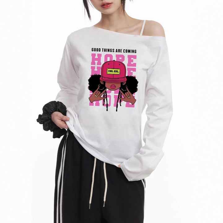 Women's casual off-shoulder long sleeve shirt with large cartoon graphic print and elastic cotton blend Mune Fashion