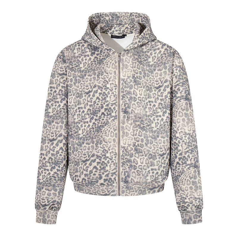 Women’s zip hoodie in soft velour with all-over leopard jacquard Mune Fashion