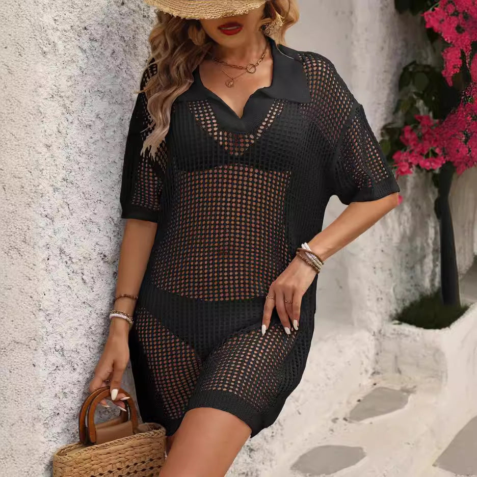 Women airy mesh beach cover-up with polo collar Mune Fashion