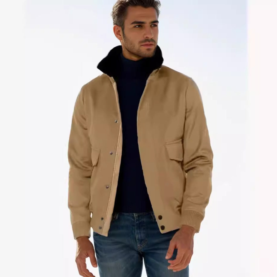 Men's bomber jacket with stand-up collar, snap button placket, and patch pockets Mune Fashion