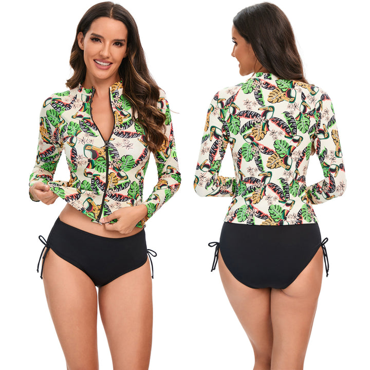 Women's Athletic Long Sleeve Rash Guard with Colorful Animal and Leaf Pattern Mune Fashion