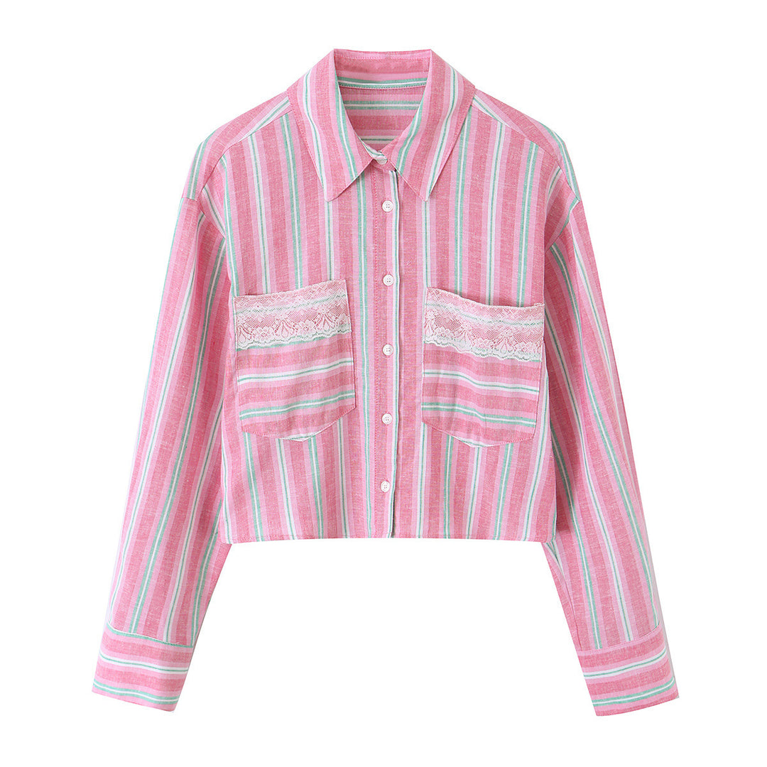 Women Short Cut Linen Blouse with Striped Pattern and Lace Chest Pockets Mune Fashion