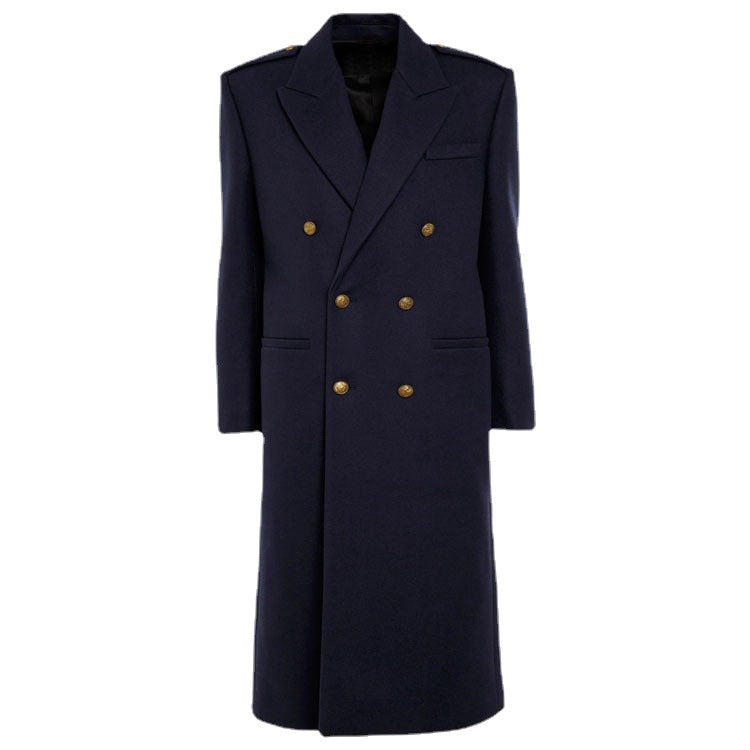 Women Double-breasted Wool Blend Long Coat with Epaulettes and Structured Tailoring Silhouette Mune Fashion
