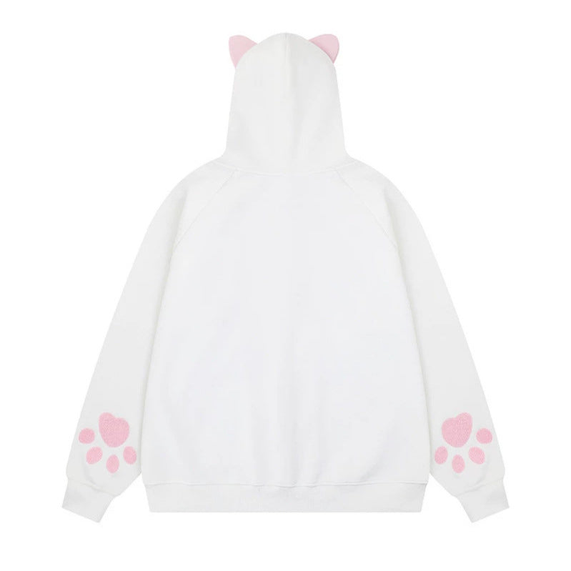 Women's hooded sweatshirt jacket with ears, full-length zipper, kangaroo pocket with paw appliqué and playful embroidery Mune Fashion