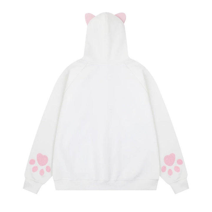 Women's hooded sweatshirt jacket with ears, full-length zipper, kangaroo pocket with paw appliqué and playful embroidery Mune Fashion