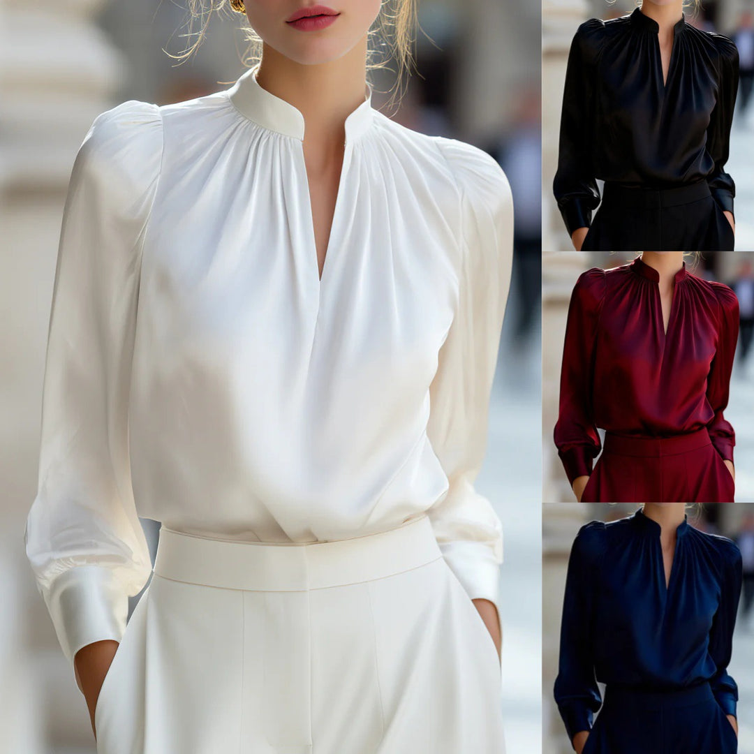 Ladies Elegant Blouse with Stand-up Collar and Bouffant Sleeves Mune Fashion