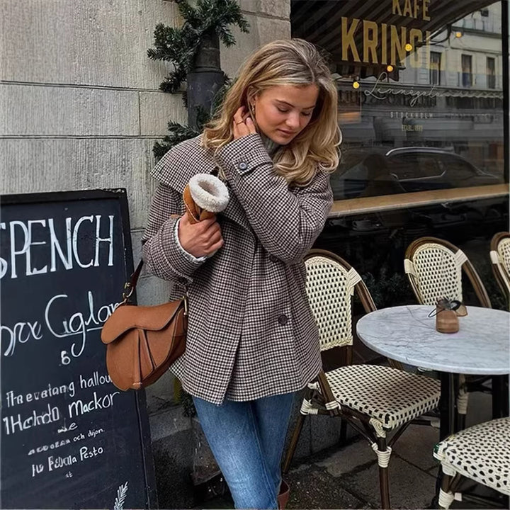 Women Short Houndstooth Wool Blend Coat with Wide Lapel Collar Mune Fashion