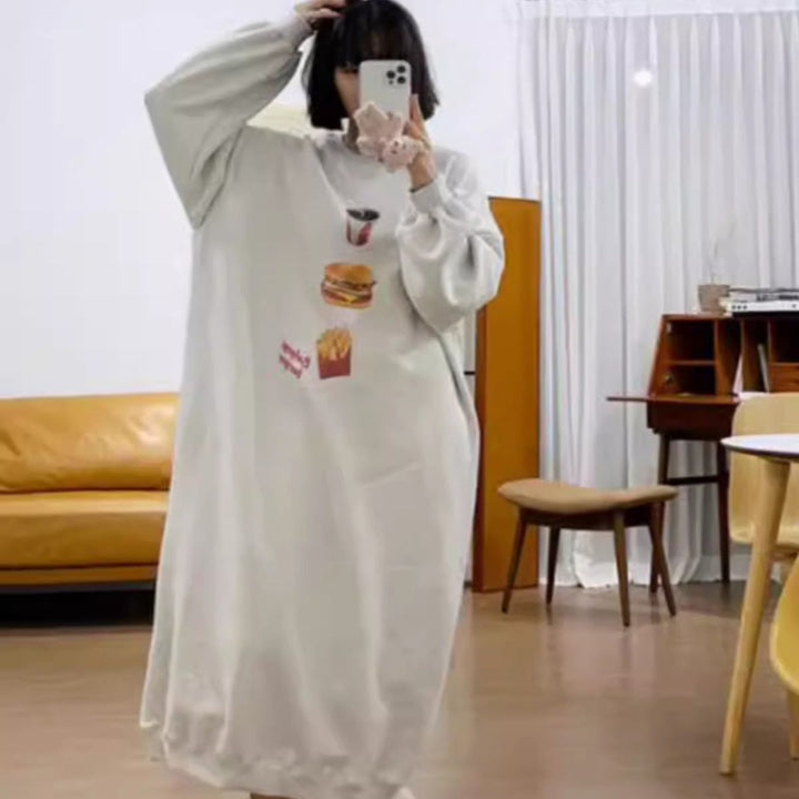 Women Long Oversized Sweat Dress with Fries Print, Raglan Sleeves and Side Pockets Mune Fashion