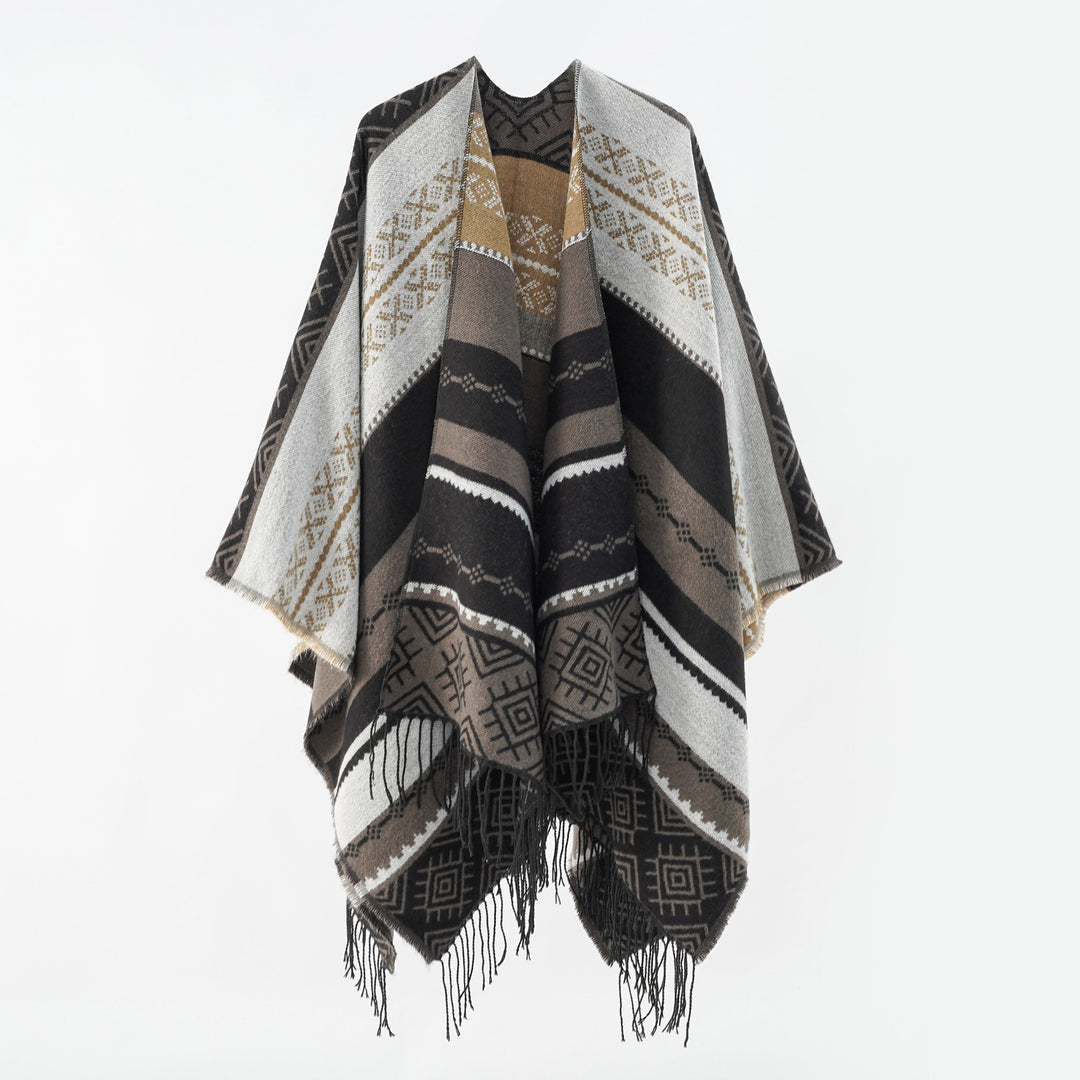 Women Woven Jacquard Poncho with Geometric Ethno Pattern and Fringed Hem Mune Fashion